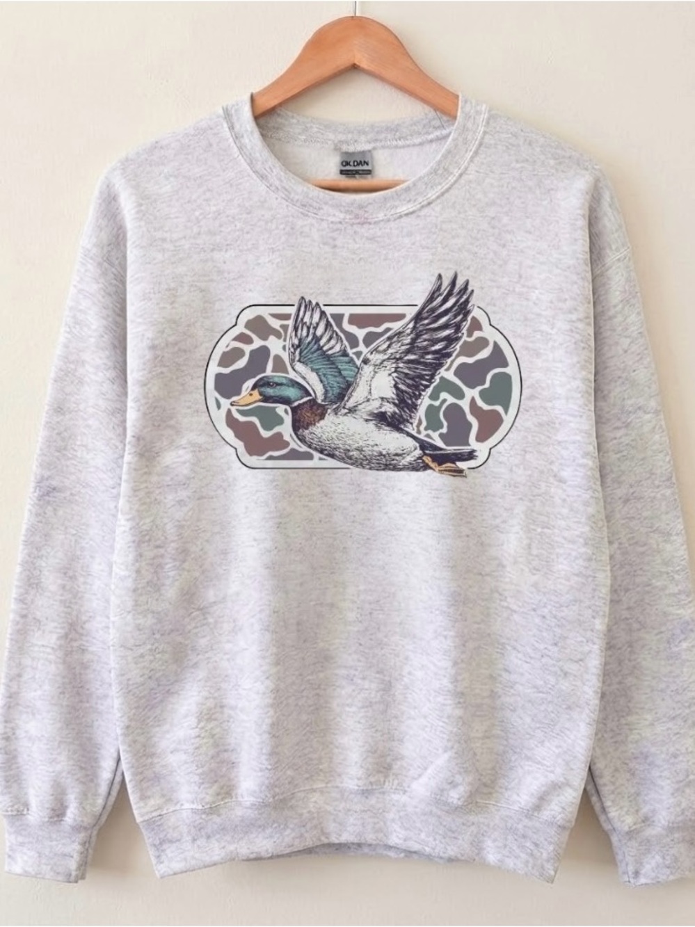 Camo Flying Mallard Bird Outdoor Everyday  Wear Sweatshirt - Gildan 18000